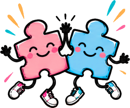 Pink and blue puzzle-piece characters high-fiving