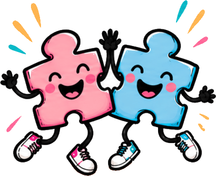 Pink and blue puzzle-piece characters jumping with joy