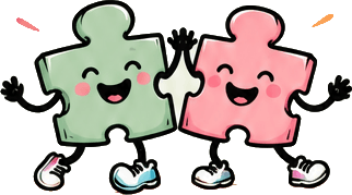 Green and pink puzzle-piece characters cheering together