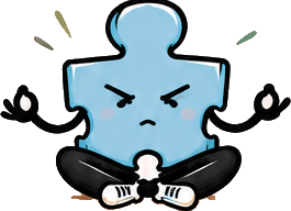 A focused blue puzzle-piece character sitting cross-legged