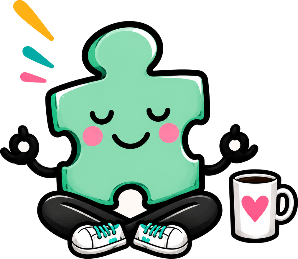 A calm green puzzle-piece character meditating beside a mug